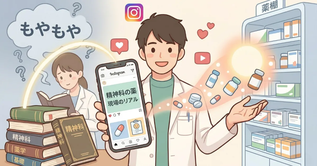 精神科薬剤師の男性が、現場の一次情報を基にInstagramの専門的な投稿を作成している、集中した雰囲気のイラスト。プロフェッショナルな発信活動を表現。