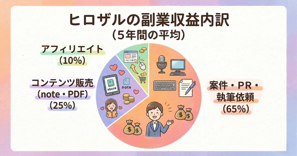 薬剤師ヒロザルの5年間の副業収益内訳。案件・PR・執筆依頼が65％、コンテンツ販売が25％、アフィリエイトが10％であることを示す円グラフ。