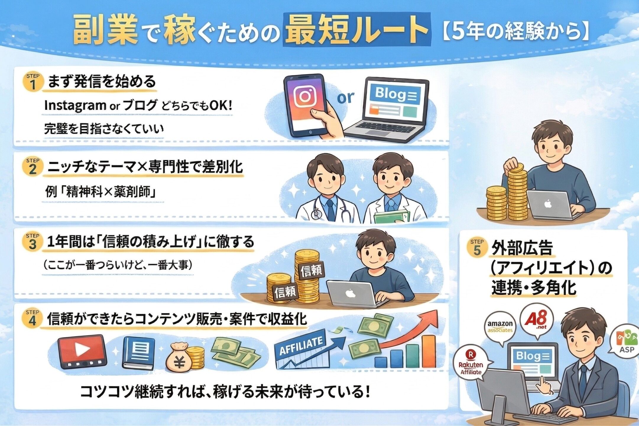 薬剤師が副業で稼ぐための最短ロードマップ。5年間の経験に基づく5つのステップ（1.発信開始、2.ニッチ×専門性で差別化、3.信頼の積み上げ、4.収益化、5.アフィリエイト連携）を解説したインフォグラフィック。